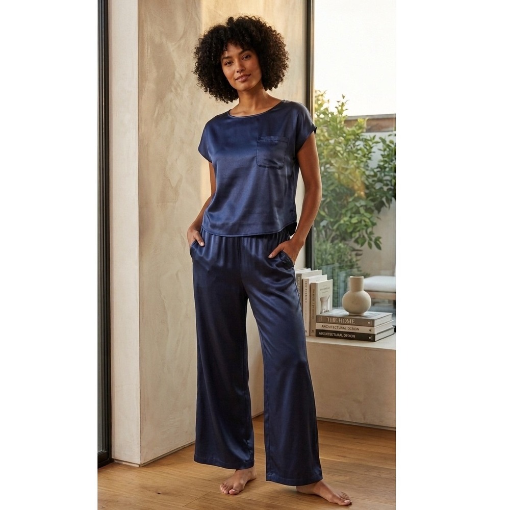 State of Day Satin Pajama Set Short Sleeve Wide Leg Navy Dawn Crepe De Chine Med